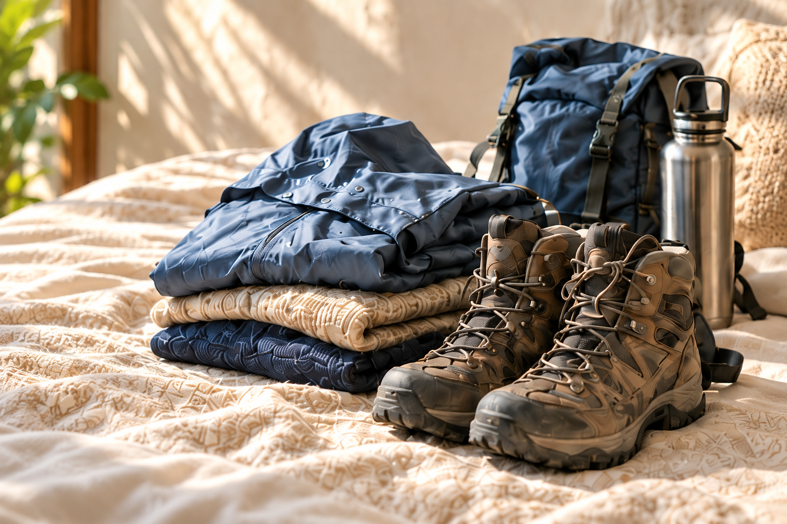 Walking boots, folded layers, a backpack and a water bottle